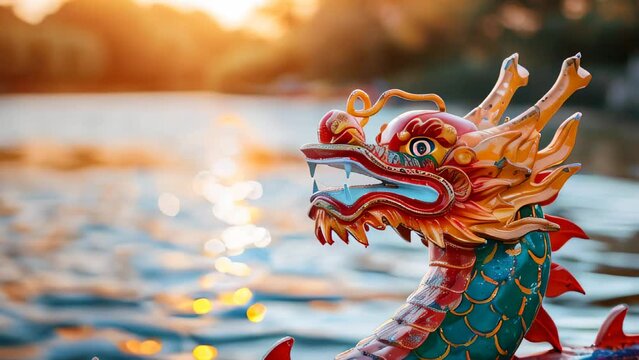 Ornate dragon head on prow of boat with sunset over water background