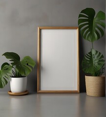 Mockup poster frame in nature view of green leaf and nature background