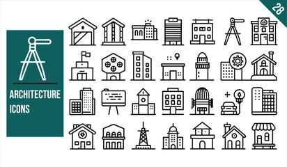 Set of 28 outline icons related to architecture. Linear icon collection. Vector illustration.
