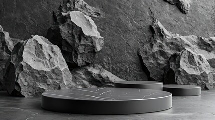 Black geometric Stone and Rock shape background, minimalist mockup for podium display or showcase