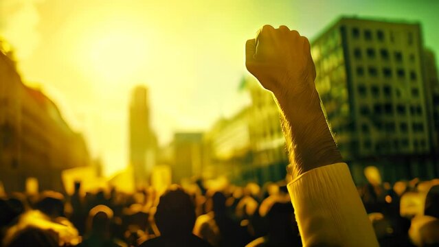 Raised fist at protest with sunset and crowd in background