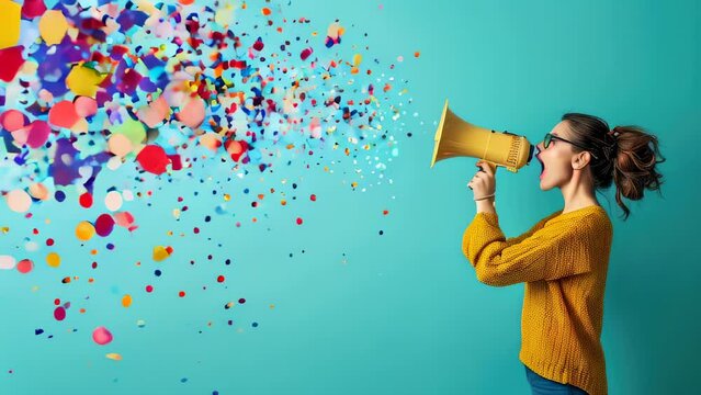 Woman with megaphone projecting colorful abstract shapes against turquoise background