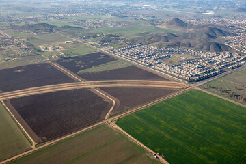 Aerial view from hot air balloon of agricultural fields in Winchester southern California United...