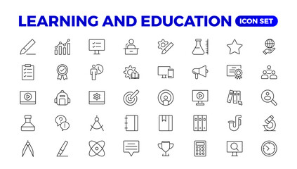 Education Learning thin line set. Back to school icon set with different vector icons related to education, success, academic subjects, and more. Education, School, editable stroke icons.