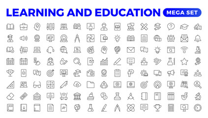 Education Learning thin line set. Back to school icon set with different vector icons related to education, success, academic subjects, and more. Education, School, editable stroke icons.