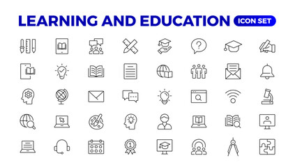 Education Learning thin line set. Back to school icon set with different vector icons related to education, success, academic subjects, and more. Education, School, editable stroke icons.