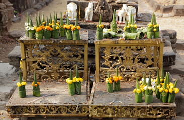 Shelves of sacred offerings at Wat Phu Temple, Laos