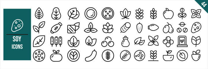 Set of 48 outline icons related to soy. Linear icon collection. Vector illustration.