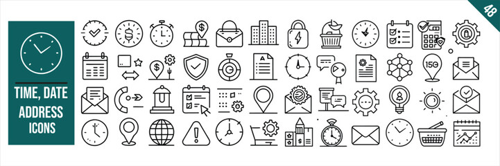 Set of 48 outline icons related to time date and address. Linear icon collection. Vector illustration.