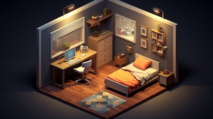 Isometric 3D Single Room Interior Featuring Advanced Computer Technology.