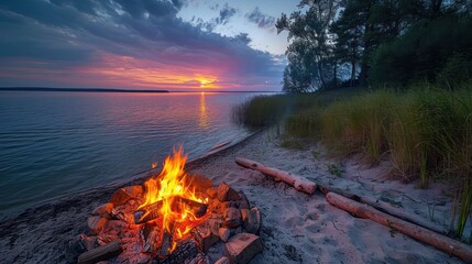Glowing campfire by the lake. Sunset with open flames, fire, and logs. Camping on the beach at night. Serene lake landscape