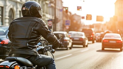 A motorcyclist on a bike overcomes urban challenges and obstacles, showcasing their skills and style. Excitement and energy of their urban ride, surrounded by bustling city streets. Cropped picture.