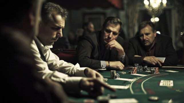 A high-stakes underground poker game, with mafia involvement evident in the guarded expressions of the players --ar 16:9 --style raw Job ID: ef8b6d0a-d38d-4f91-a170-818d24f79604