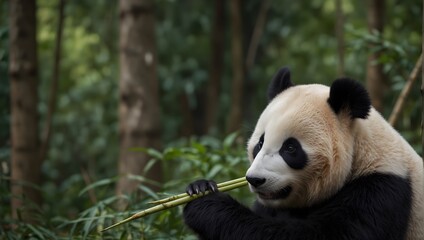 The gentle beauty of a panda peacefully munching on bamboo shoots amidst a serene bamboo forest...