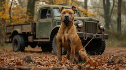 pitbull sitting on front of an old truck, in the style of characterful animal portraits, lively interiors, british post-war