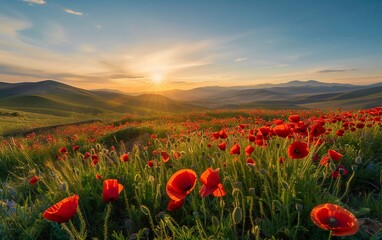 Beautiful view at sunrise. Red poppies blooming in the field against the sun, blue sky. Wildflowers in spring. Stunning natural views