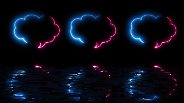 Cloud shape text msg icon animation in 4K reflective black bg. Chatting messaging conversation going on cartoon style modern neon led light talking neon speech typing cloud bubble thinking idea sign.
