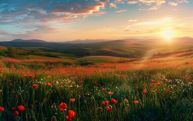 Beautiful view at sunrise. Red poppies blooming in the field against the sun, blue sky. Wildflowers in spring. Stunning natural views