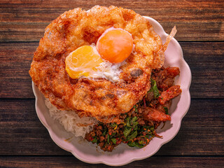 The pad krapow or Beef basil rice and egg Thai food.