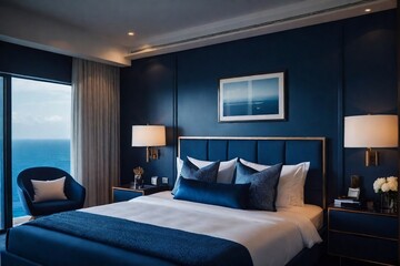 Stylish hotel room with ocean view, dark blue color.