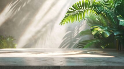 Table counter top with green tropical plant leaf and beautiful sun light and shadow