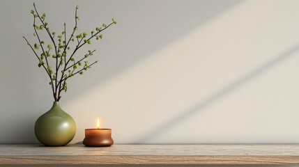 Traditional interior wall mockup with green twigs in vase and candle standing on light brown wooden table