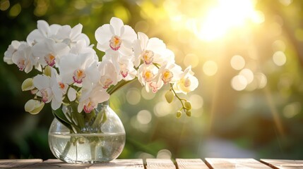 white orchid flower decoration in a glass vase with sunlight on wooden table