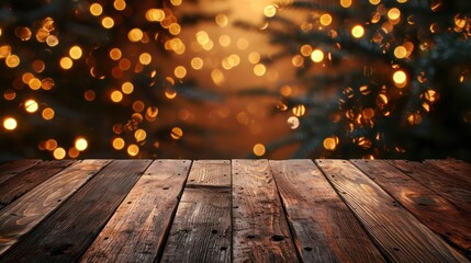 Wooden table in front of blurred background with bokeh lights
