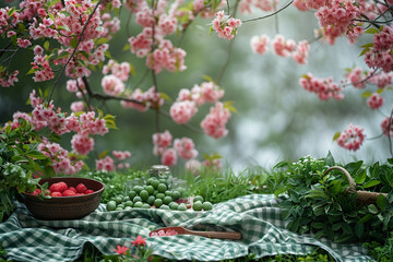 There is a picnic cloth on the grass, with green balls and various snacks, spring scenery, pink cherry blossoms, bird's eye view, simple background, macro photography, high-definition details, 8k --ar