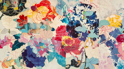 
print of a colorful floral pattern spread on many pieces of paper, in the style of circular abstraction, art nouveau-inspired illustrations, layered collage narratives, multi-panel compositions, eleg