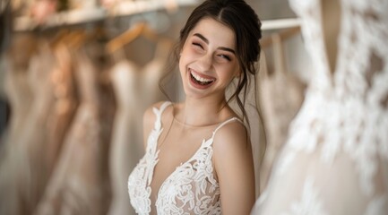 Fototapeta premium A beautiful bride smiling and trying on her dream wedding dress in the shop of luxurious dresses