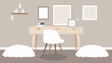 A sleek white desk topped with a faux fur rug and a fluffy white desk chair surrounded by framed inspirational quotes and soft neutraltoned walls..