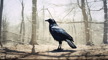 Fototapeta premium Double Exposure, White Background, illustration of a Crow in front of a forest ~ Created using Generative AI