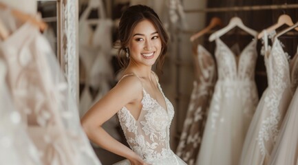 Naklejka premium Asian Bride in Stunning Wedding Dress at Wedding Store