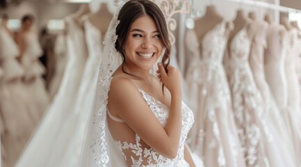 Naklejka premium Elegant Bridal Portrait: Bride in Wedding Dress at Wedding Store