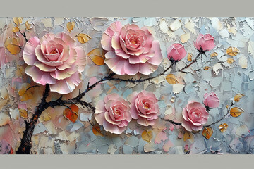 A closeup of pink roses and lace on light background, detailed impasto texture in the style of art nouveauinspired illustrations, light white and dark red, pink tone, cottagecore, textured canvas with