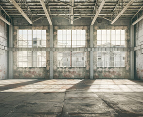 Industrial setting, empty warehouse with windows