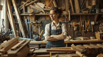Carpenter woman in a workshop with woodworking tools. - Powered by Adobe