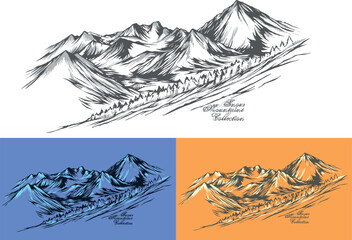 Vector colorful illustration of snowy mountains.