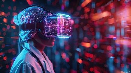 Immersive VR Experience: Person wearing a virtual reality headset, lights of vibrant colors in the background, entering a new digital reality.
