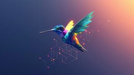 Capture a robotic hummingbird in mid-flight, with intricate metallic feathers reflecting sunlight in CG 3D rendering,