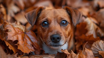 Dog terrier in a pile of autumn leaves, seasonal joy