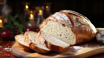 Delicious homemade bread loaf on wooden cut board