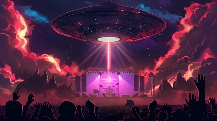 At night, a vibrant concert scene unfolds, with an energetic crowd raising their hands in excitement under a brilliant UFO light display, casting a sci-fi ambiance over the event.