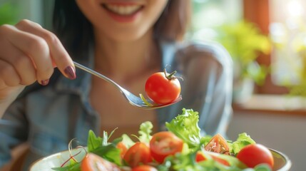 Asian young woman using a fork to pick up a tomato from a bowl of fresh green salad