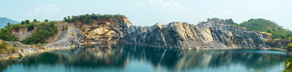 Wide panorama of the Emerald Lake during the day.
Mountain landscape of beautiful hills. Phu Pha...