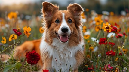 Dog laying in a field of flowers, peaceful coexistence