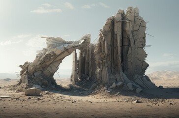Dramatic post-apocalyptic desert landscape with crumbling rock formations