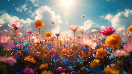 A beautiful day in a field of flowers.  The sun is shining, the birds are singing, and the flowers are in bloom.  The perfect day to relax and enjoy nature.