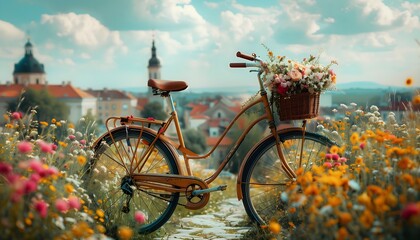 Naklejka premium the essence of spring with a vintage bicycle adorned with basket with fresh flowers